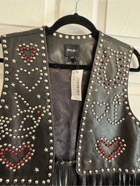 Nasty Gal Black Studded Fringe Vest with Red Heart Embellishments
